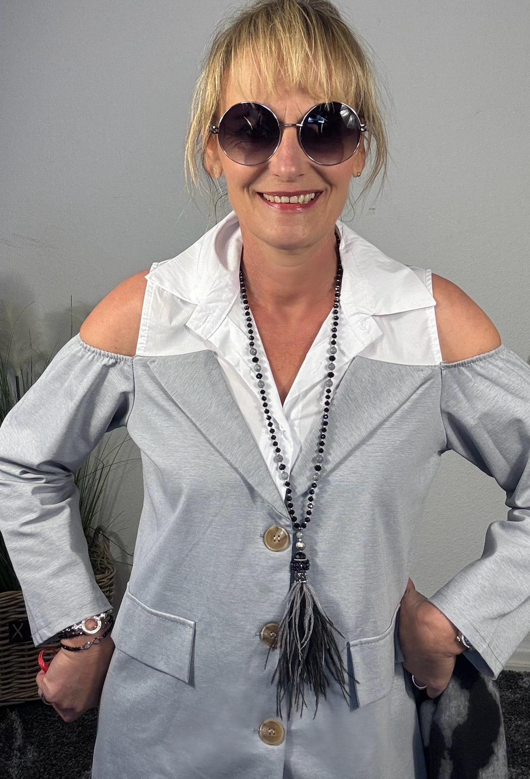 Blusenblazer mit "Cut-Outs" in grau/weißM